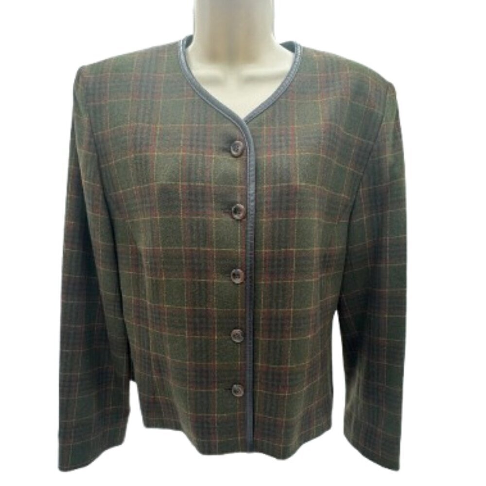 Pendleton Wool Green Plaid Lined Jacket Blazer Faux Leather Trim - 12